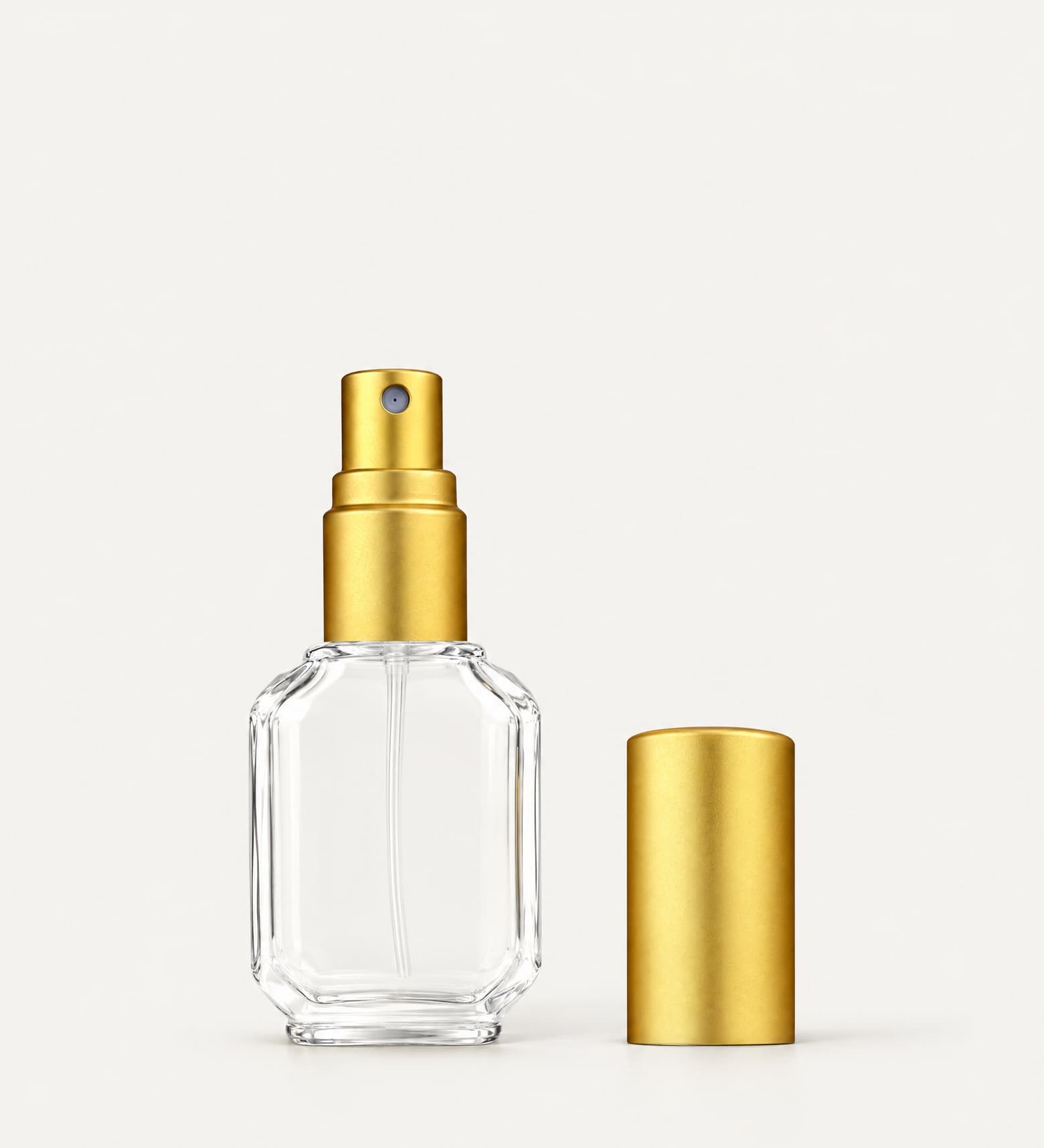 10 ml Clear Footed Rectangle Fine Mist Spray Bottle with Matte Gold Sprayer and Cap
