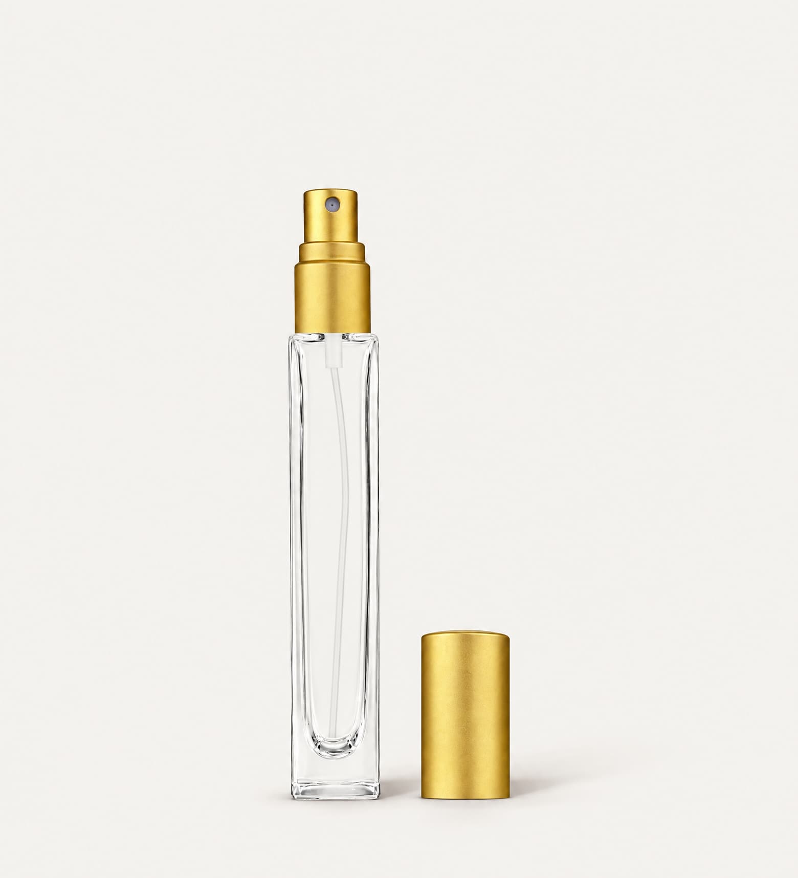 10 ml Clear Tall Rectangle Fine Mist Spray Bottle with Matte Gold Sprayer and Cap