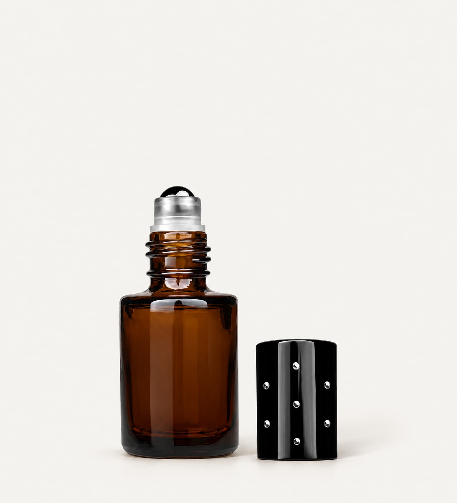 5 ml Amber Tulip Roll-On Bottle with Metal Roller Ball and Black Dotted Cap