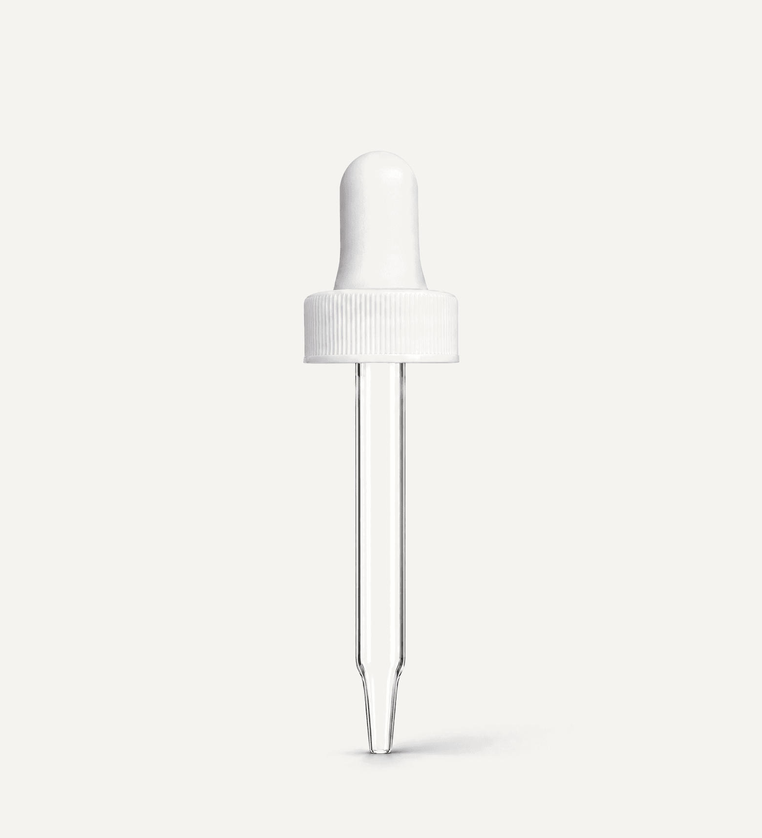 White rubber bulb dropper with white cap. Glass stem length is 66 mm, Thread size 18-400