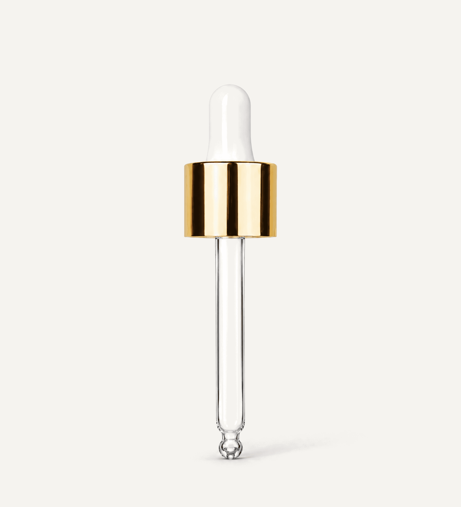 White rubber bulb dropper with shiny gold collar cap. Thread size 18-415