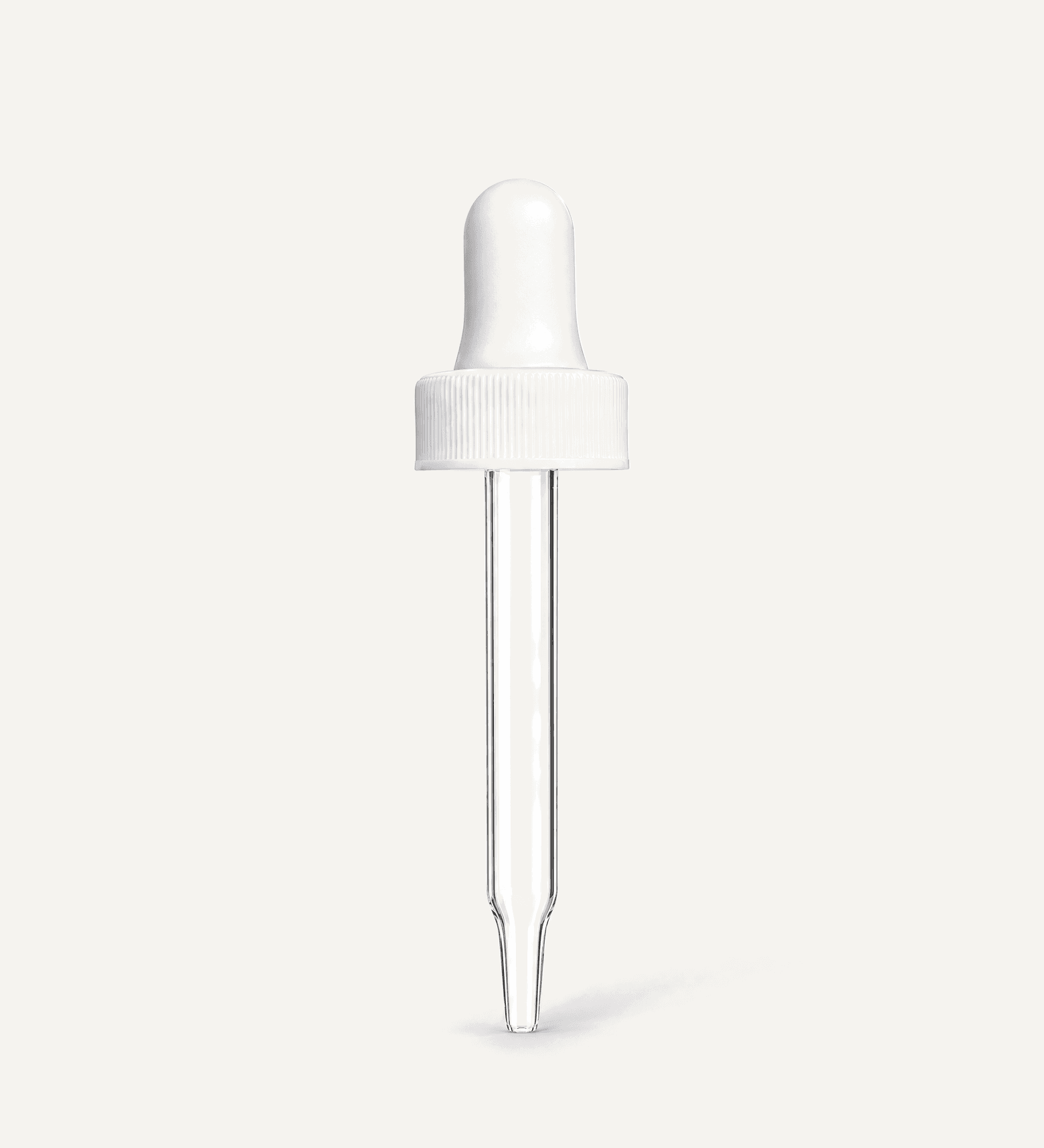 White rubber bulb dropper with white cap. Glass stem length is 76 mm, Thread size 20-400