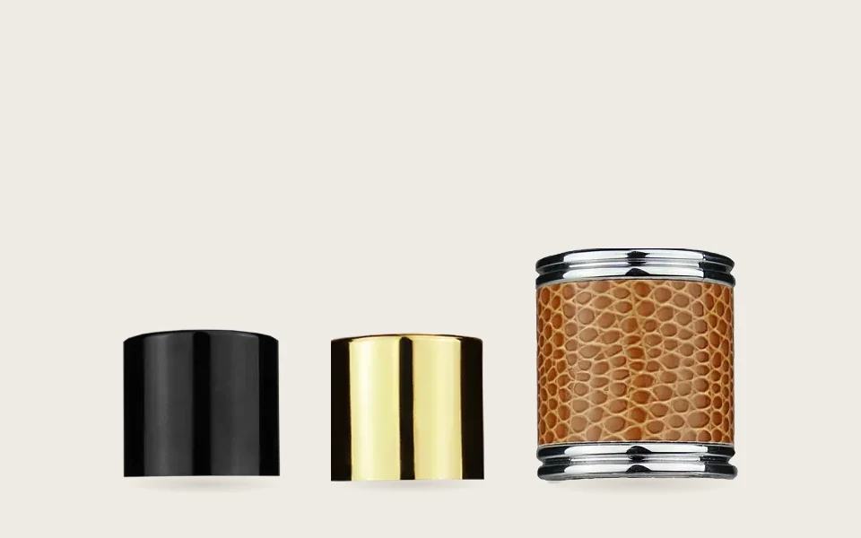 Shiny black, shiny gold and brown leather caps